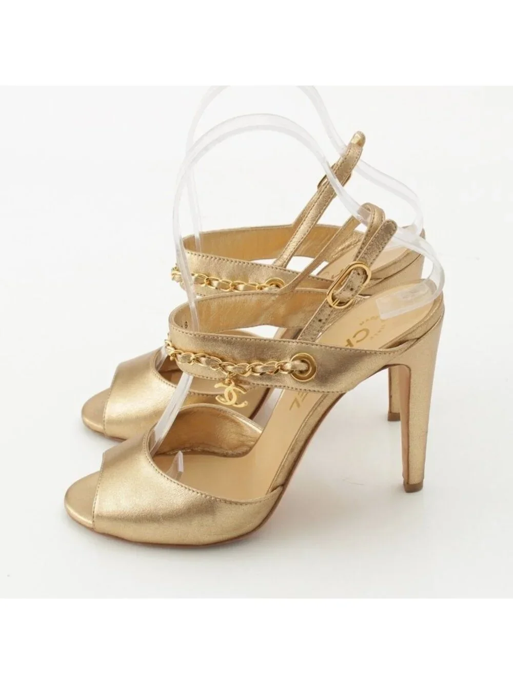 Chanel Leather CC Logo Chain Heels Clover Sandals Gold
